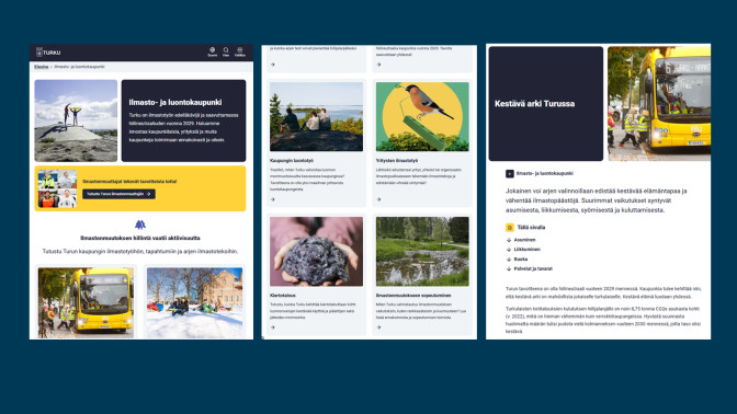 Kuvakollaasi, jossa otteita Turun Ilmasto- ja luontokaupunkisivustosta.