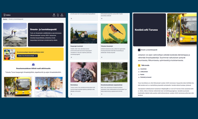 Kuvakollaasi, jossa otteita Turun Ilmasto- ja luontokaupunkisivustosta.