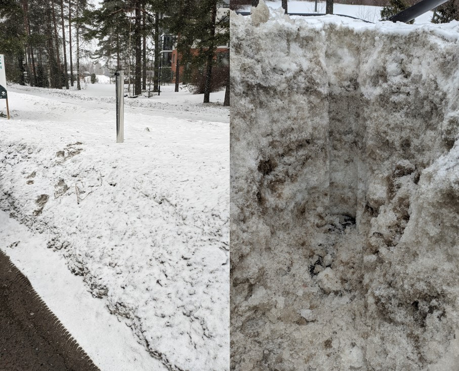 Luminäytteenottopaikka sekä lumipuntari Soramäentiellä.