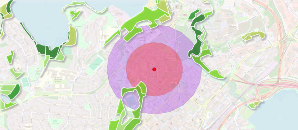 Sitowisen Jyväskylän toimiston luonnon monimuotoisuuden vaikutusalue karttakuvana.