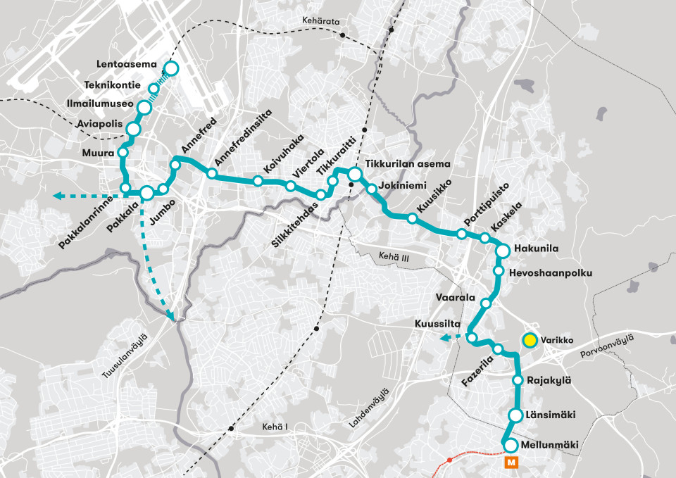 Vantaan ratikan varauksen karttakuva.
