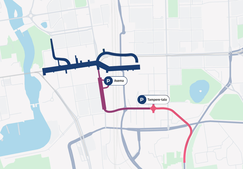 Karttakuva Tampereen Viinikankadun ajoyhteyden ja kalliopysäköintilaitos P-Hämpin laajennuksen suunnittelusta.