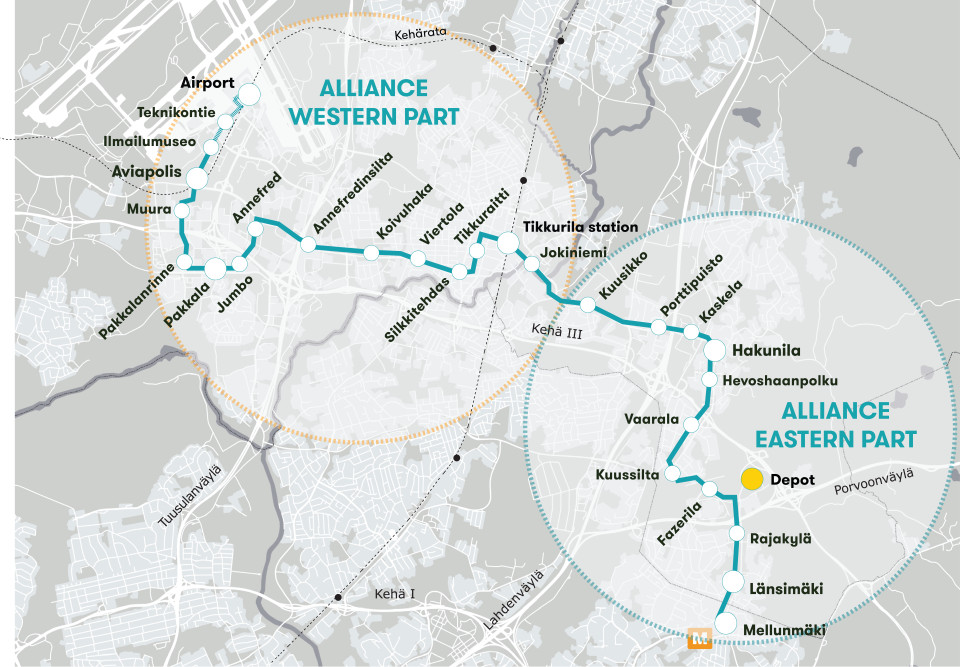 Alliance partners of the Vantaa Light Rail on the map.