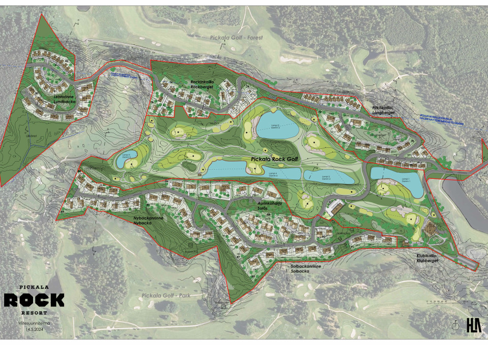 Pickala Rock Resort viitesuunnitelma, jonka on laatinut H-L Arkkitehdit Oy yhdessä Maanlumo Oy:n kanssa.