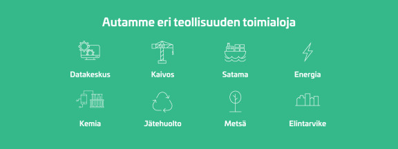 Teollisuuden toimialat: datakeskus, kaivos, satamat, energia, kemia, metsä ja jätehuolto.