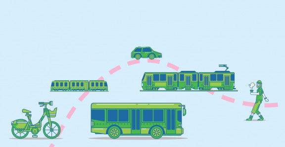 Havainnekuvassa pyörä, juna, auto ratikka, bussi ja jalankulkija.