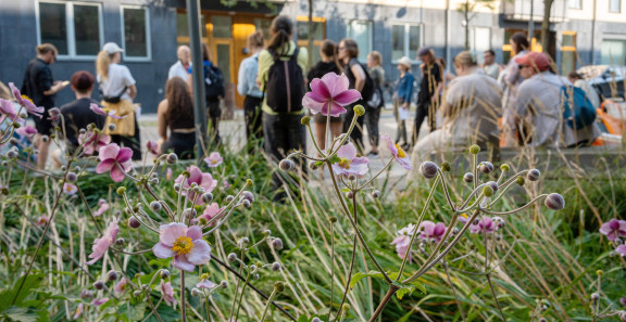 Ihmisiä ja kukkia kaupunkiympäristössä.