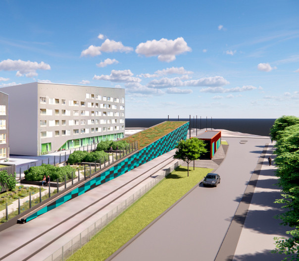 Vantaan ratikan havainnekuva Tikkurilan itäpään tunnelikatoksen kattopuisto.