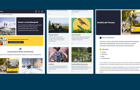 Kuvakollaasi, jossa otteita Turun Ilmasto- ja luontokaupunkisivustosta.