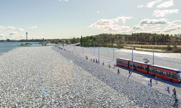 Hiedanrannan asuinalue ja raitiovaunu, havainnekuva.