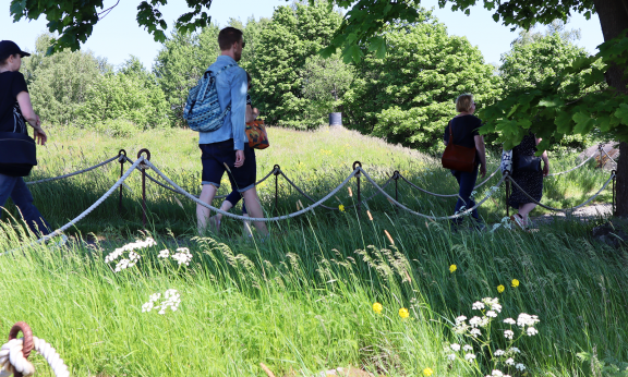 Ihmisiä kävelemässä kävelytiellä monimuotoisen luonnon ympäröiminä.