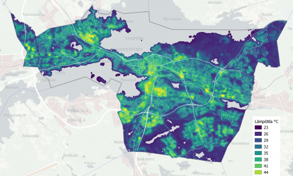 Karttakuva Tampereen kantakaupungin maan pintalämpötilasta sekä tieverkosto.