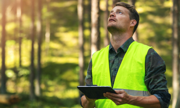 Mies huomioliivissä metsässä tablettitietokone käsissään