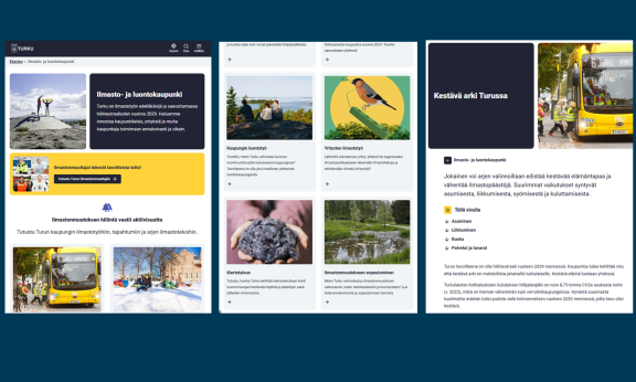 Kuvakollaasi, jossa otteita Turun Ilmasto- ja luontokaupunkisivustosta.