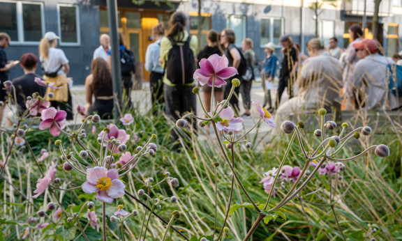 Ihmisiä ja kukkia kaupunkiympäristössä.